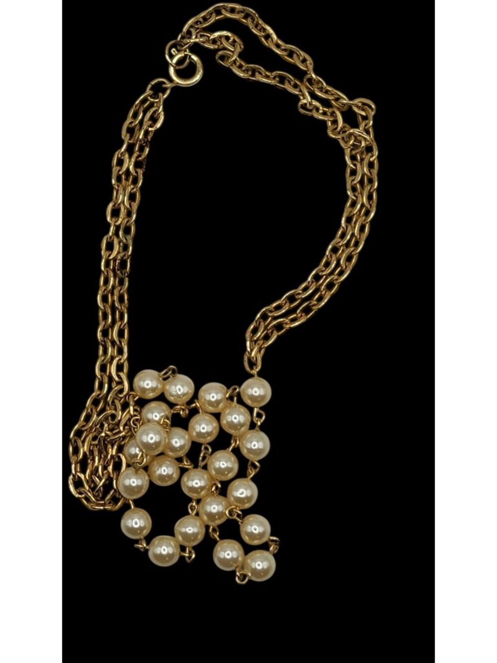 Vintage Gold-Tone Double Chain Necklace With Faux Pearls & Spring Ring Clasp - Picture 2 of 6